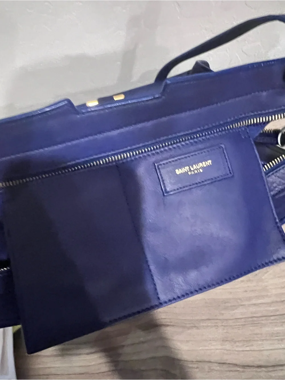Saint Laurent Navy Leather Satchel with Gold Y Closure